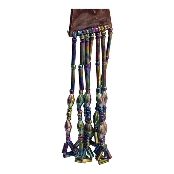 Vintage artisan faux tortoise and glass peacock bead shoulder duster earrings - Picture 5 of 6